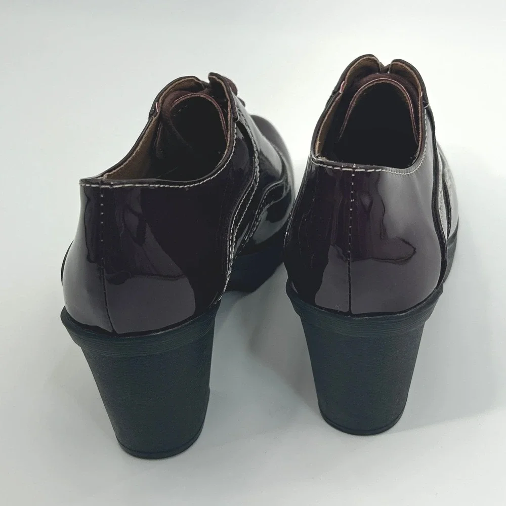 Womens Burgundy Patent Lace Up‎ Oxford Platform Chunky Heel Lug Sole Shoe Size 7